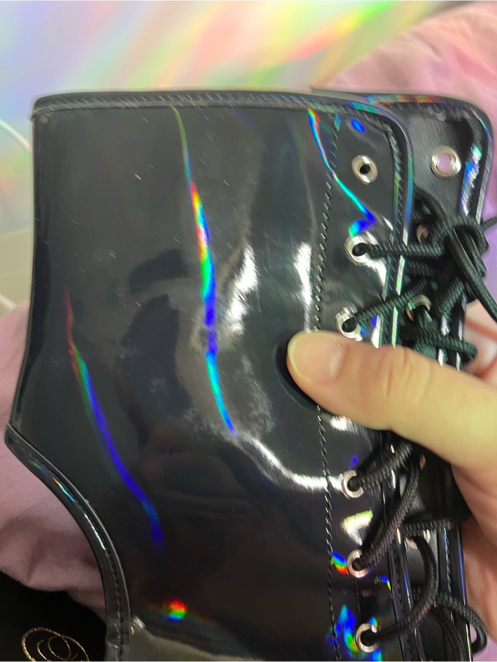 Pleaser Holographic Black Platform Rhinestone Lace-Up Boots sz 12 read post - Picture 11 of 16